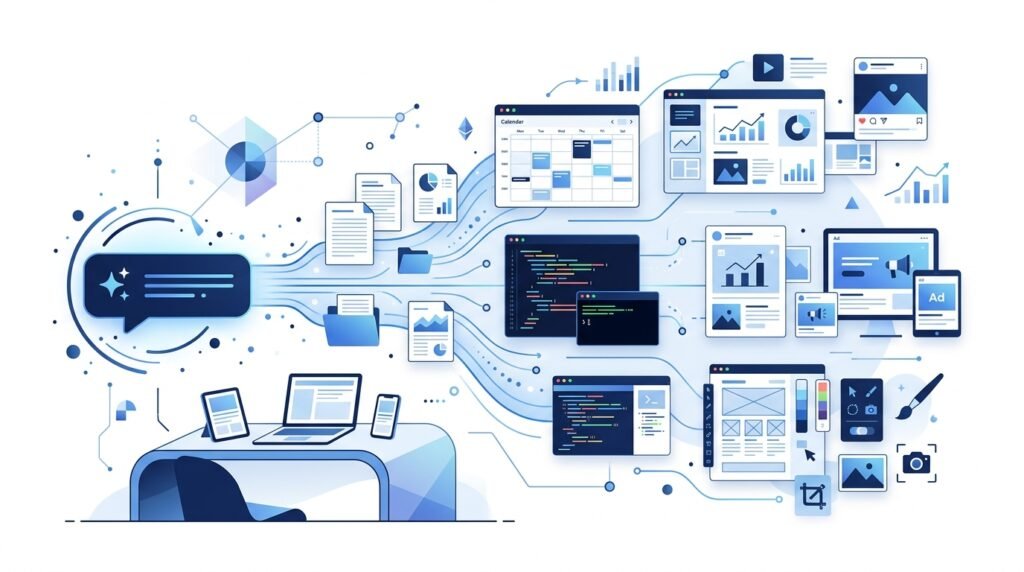 Editorial illustration comparing Perplexity AI vs ChatGPT for research, content creation, and AI-powered productivity.