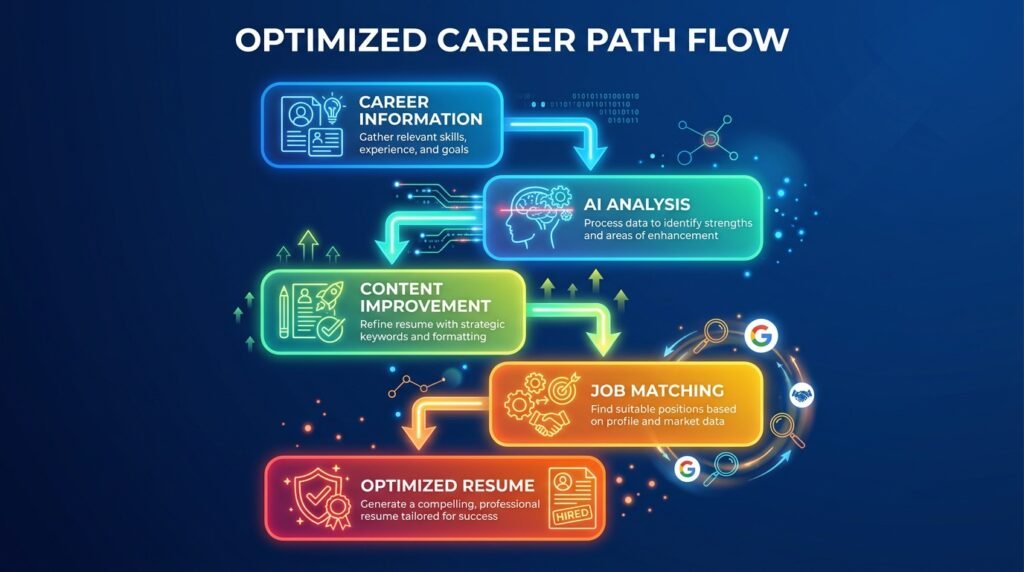 Workflow showing how an AI resume builder analyzes information and improves a professional resume