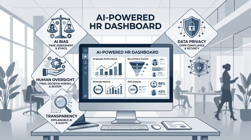 Illustration showing common challenges of using AI in Human Resources, including privacy, bias, and human oversight.