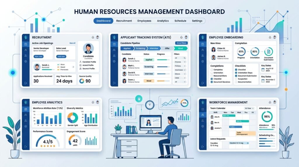 Illustration of AI-powered Human Resources software used for recruitment and workforce management.