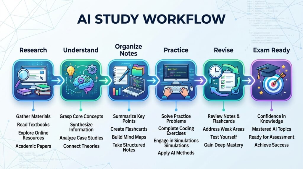 AI-assisted study workflow from research to exam preparation.