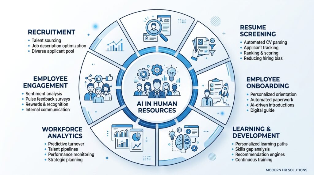 Infographic showing major applications of AI in Human Resources including recruitment, onboarding, workforce analytics, and employee engagement.
