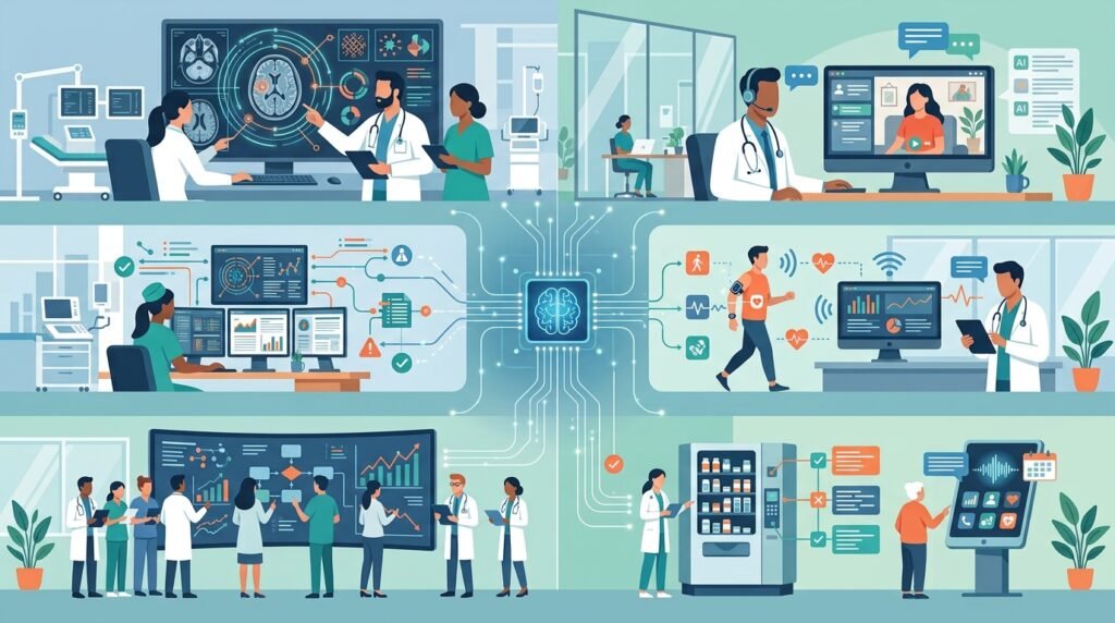 Illustration showing different applications of AI in patient care and healthcare services.