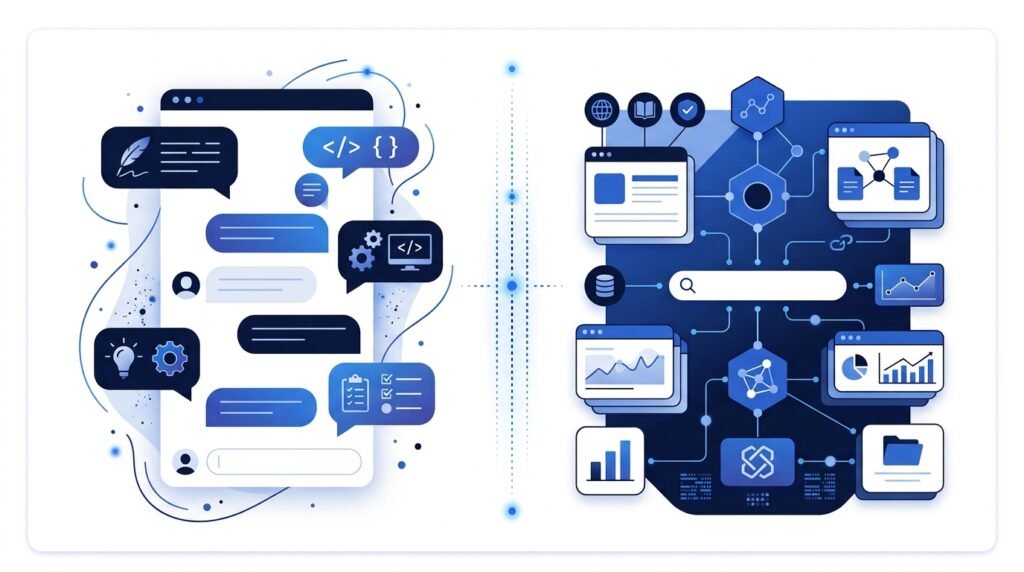 Comparison illustration of Perplexity AI and ChatGPT highlighting research, writing, coding, and productivity capabilities.