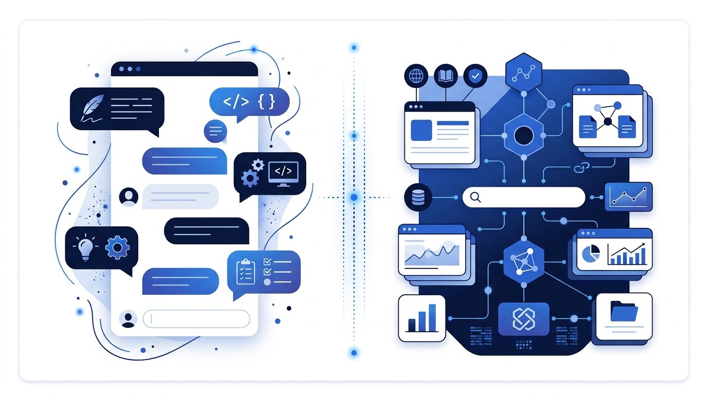 Comparison illustration of Perplexity AI and ChatGPT highlighting research, writing, coding, and productivity capabilities.