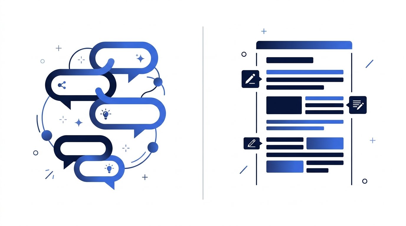 Illustration comparing ChatGPT and Claude AI assistants with abstract chat interfaces in a modern editorial design.