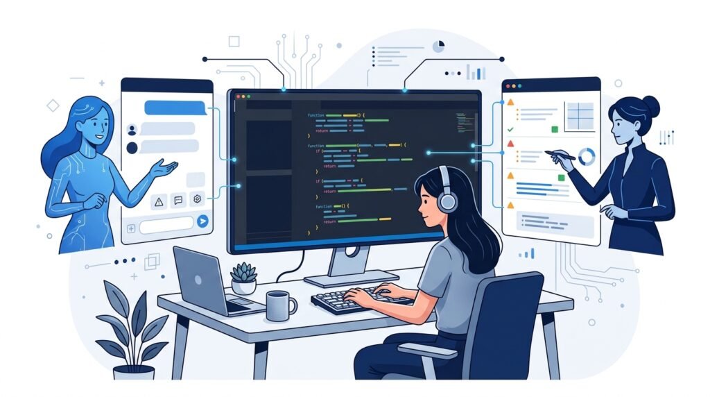 Illustration comparing Claude vs ChatGPT as AI coding assistants for software developers.