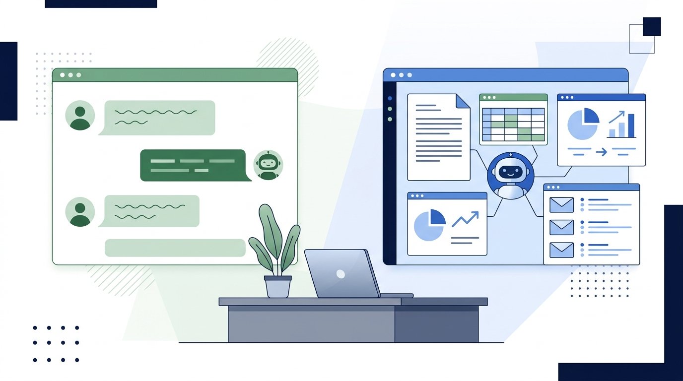 Editorial illustration comparing ChatGPT vs Microsoft Copilot as AI assistants for writing, coding, research, and productivity