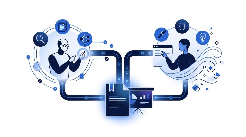 Illustration showing how Perplexity AI and ChatGPT work together for research, writing, and productivity.