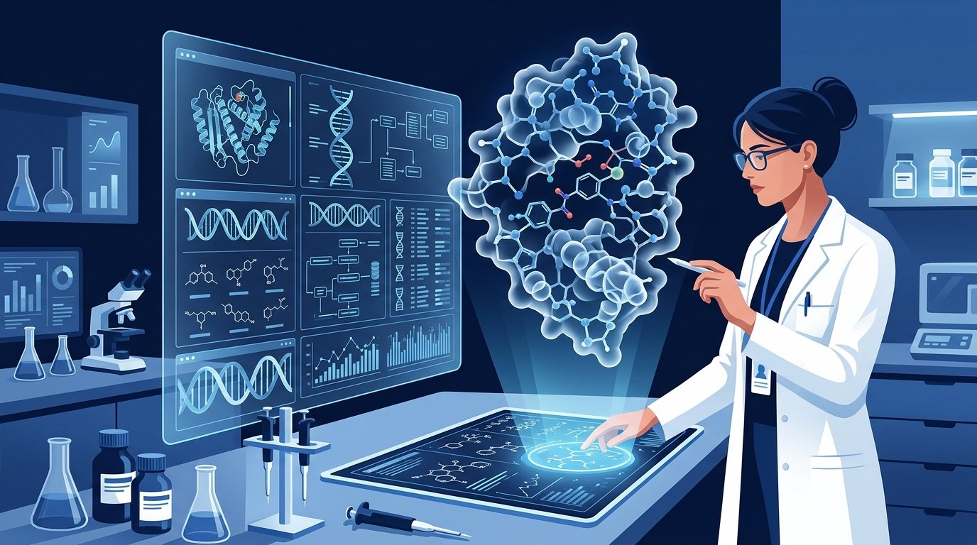 AI analyzing molecular structures to support drug discovery and pharmaceutical research.
