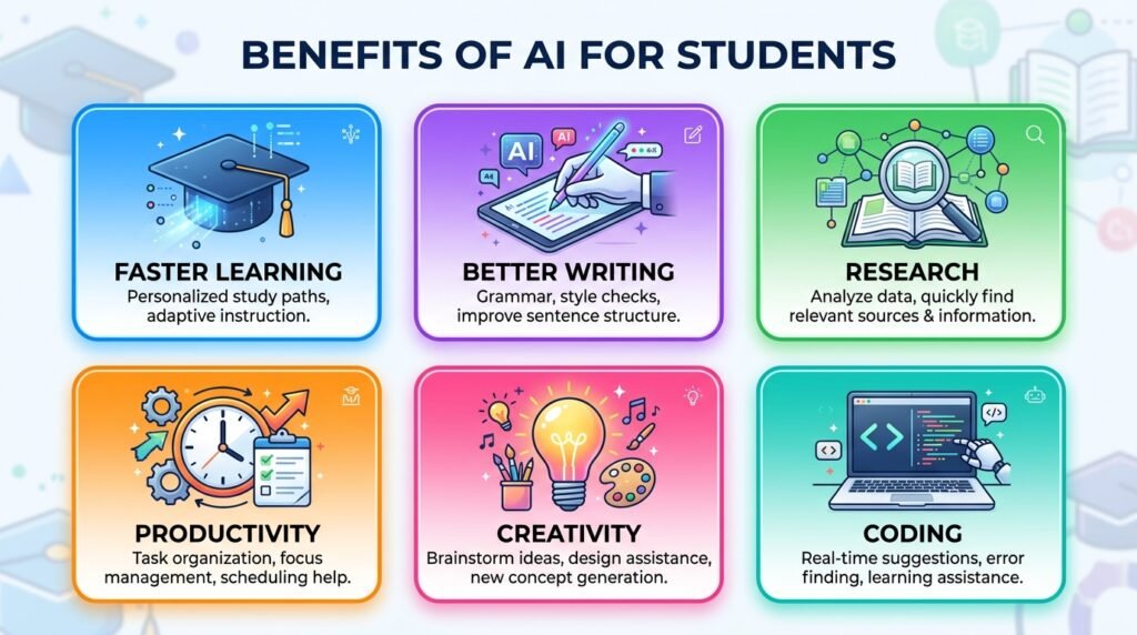 Icons representing the key benefits of AI for students including learning, research, writing, productivity, and coding.