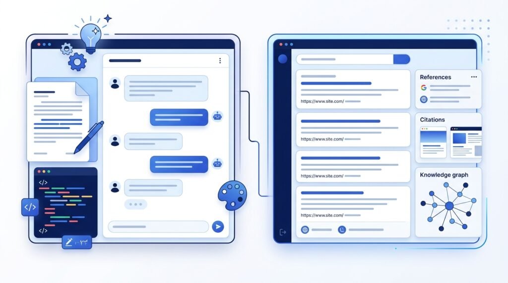 Editorial illustration comparing Perplexity AI and ChatGPT for research, content creation, and AI-powered productivity.