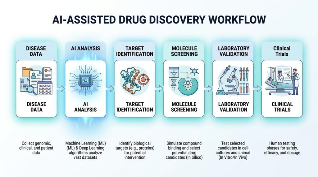 Diagram showing how artificial intelligence supports each stage of the drug discovery process.