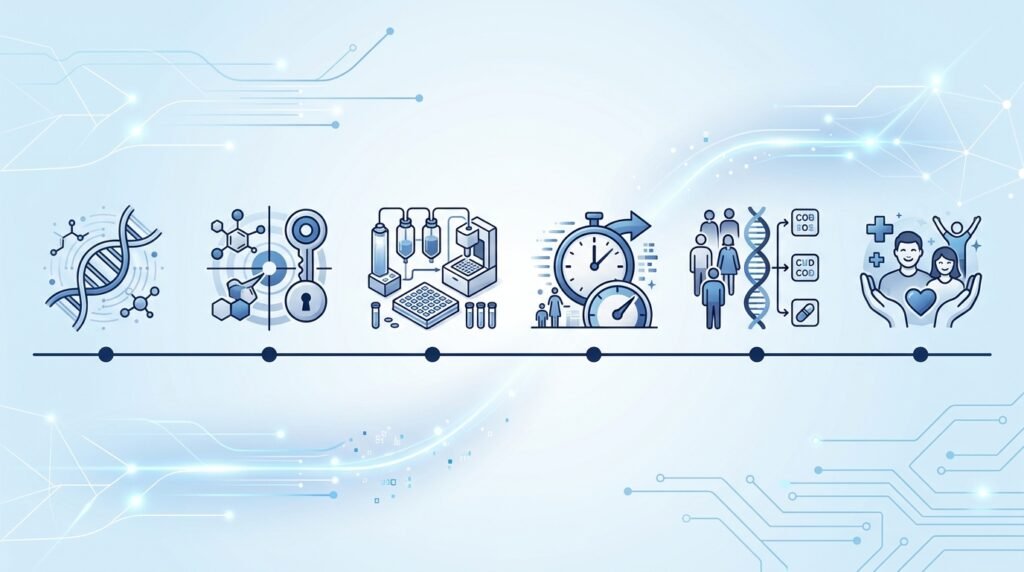 Timeline illustrating future trends in AI-powered drug discovery and pharmaceutical research.