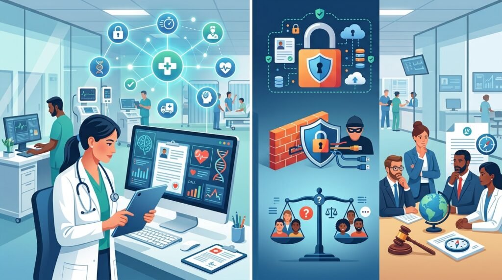 Illustration representing the challenges and ethical considerations of AI in patient care.