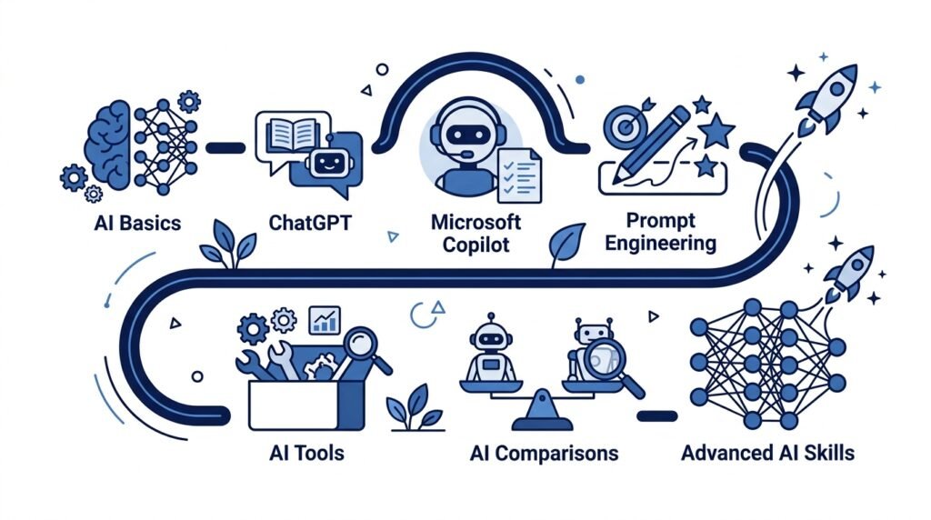 AI learning roadmap connecting ChatGPT, Microsoft Copilot, prompt engineering, AI tools, and advanced AI skills