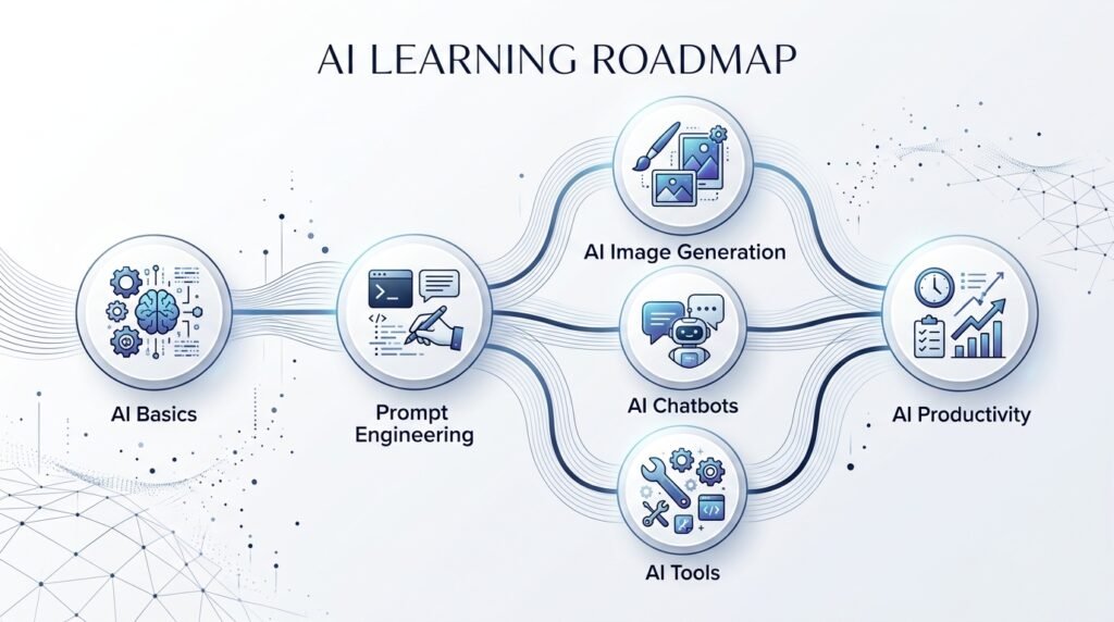 AI learning roadmap connecting beginner guides and advanced AI topics