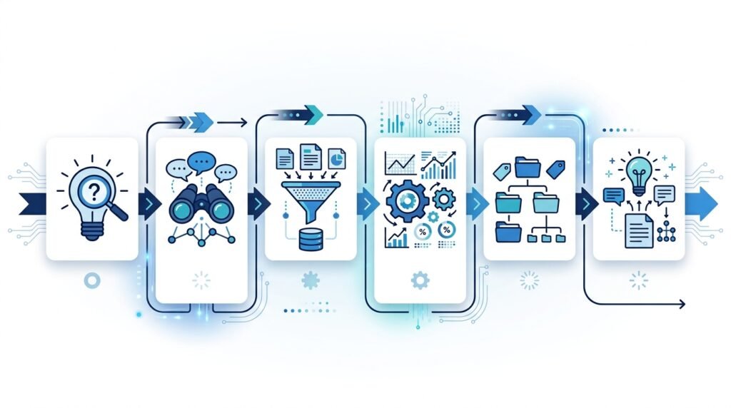Step-by-step AI powered research workflow from question to insights