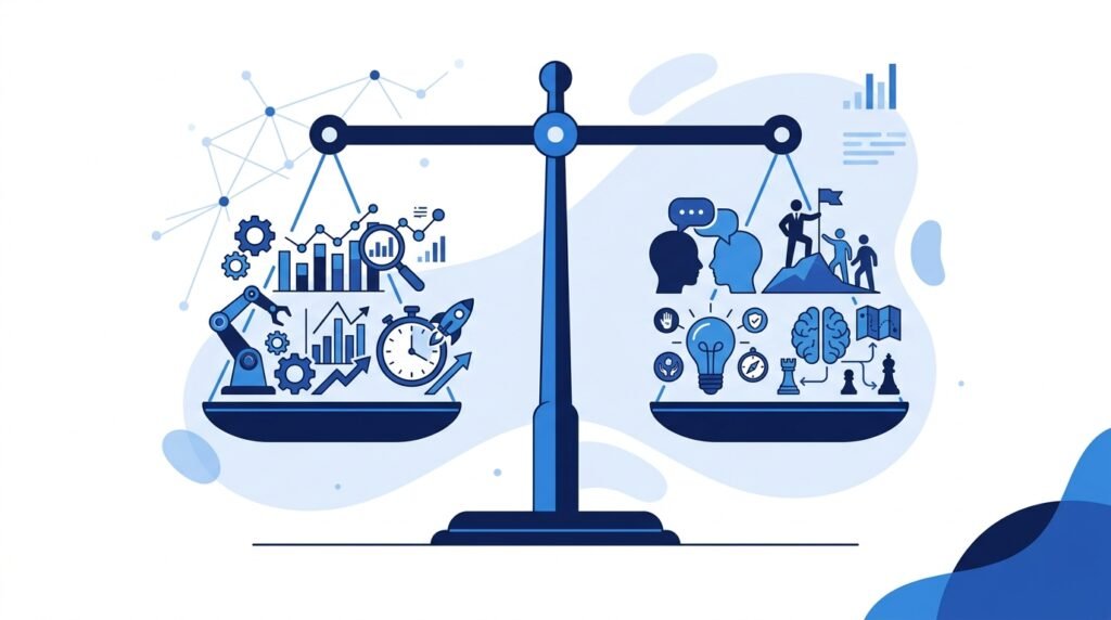 Illustration showing the balance between AI automation and human project management skills.