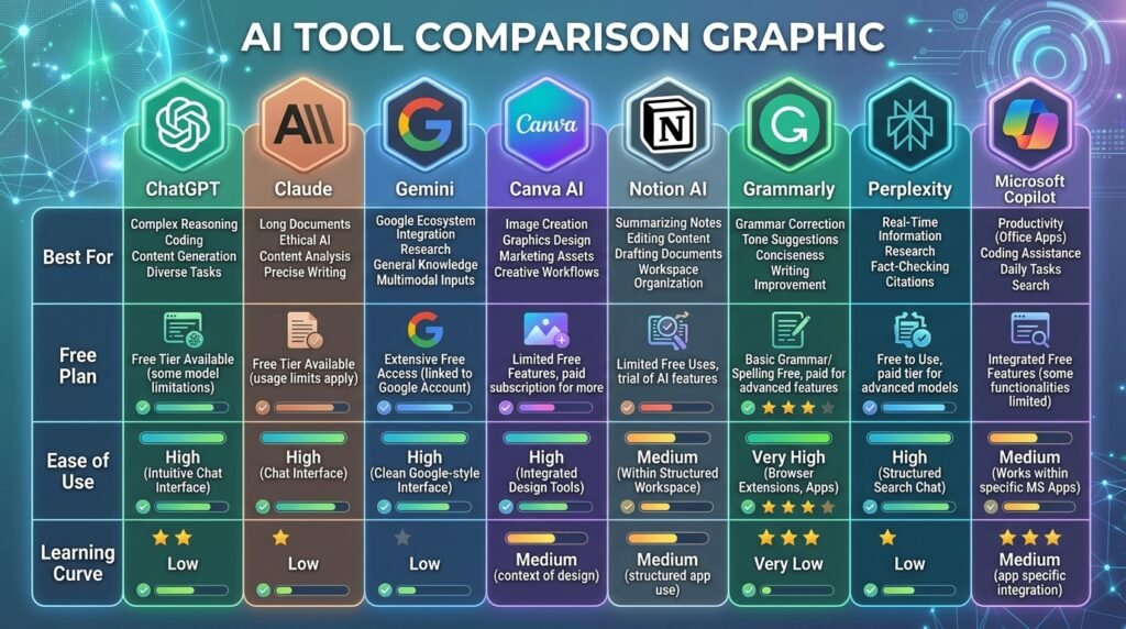 Comparison chart of the best AI tools for small businesses including features and beginner-friendly use cases