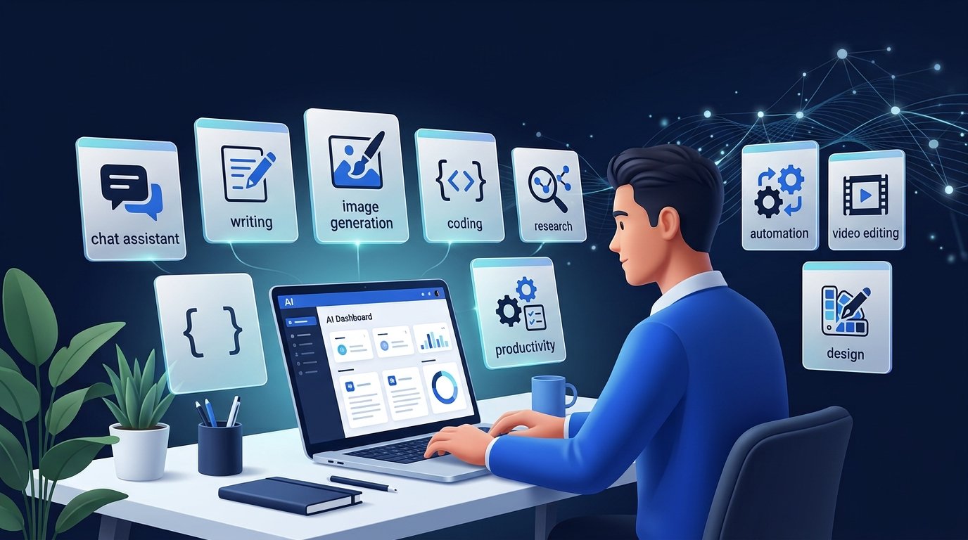 Illustration showing the best AI tools for beginners including writing, coding, design, and productivity software