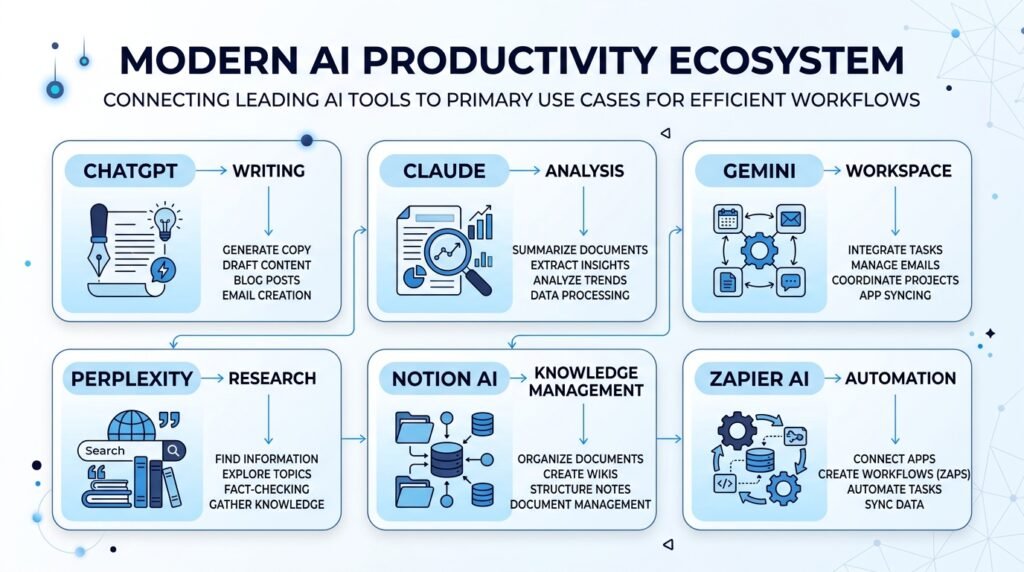 Diagram showing popular AI productivity tools and their primary use cases.