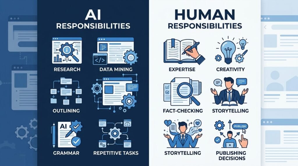 Comparison of AI and human roles in the blogging process