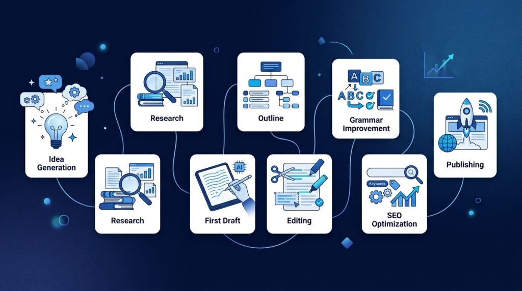 Workflow illustration showing the AI-assisted writing process from idea generation to publishing.