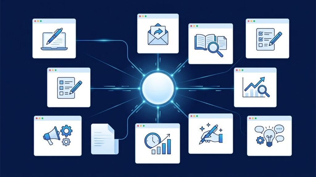Illustration showing different categories of AI writing tools, including blogging, research, grammar, marketing, and productivity.