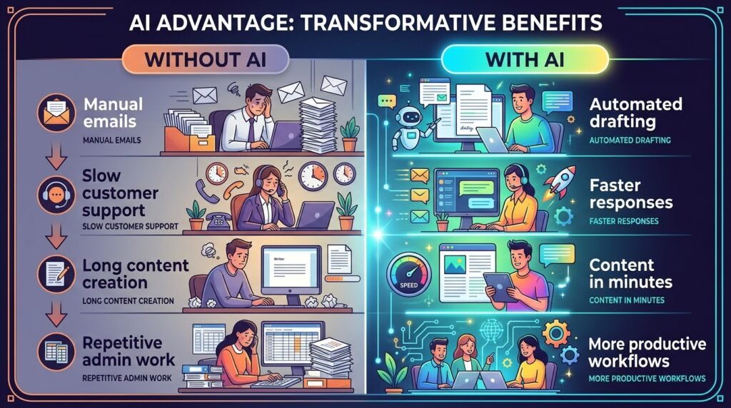 Infographic comparing traditional business workflows with AI-powered workflows for small businesses