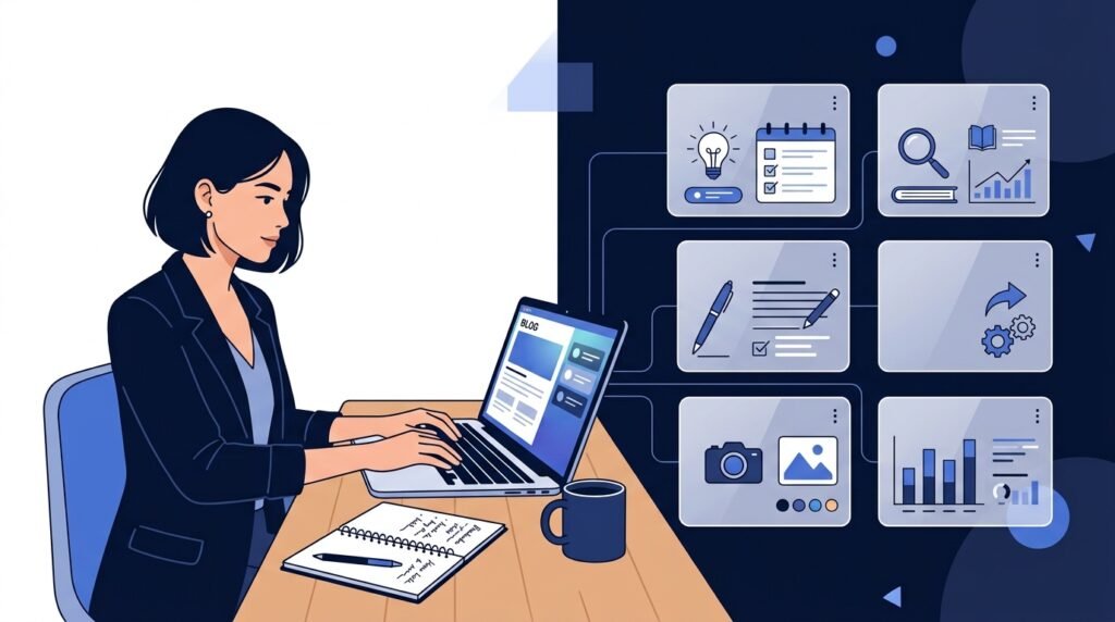 AI for blogging workflow showing a blogger using AI tools for research, writing, editing, SEO, and content planning