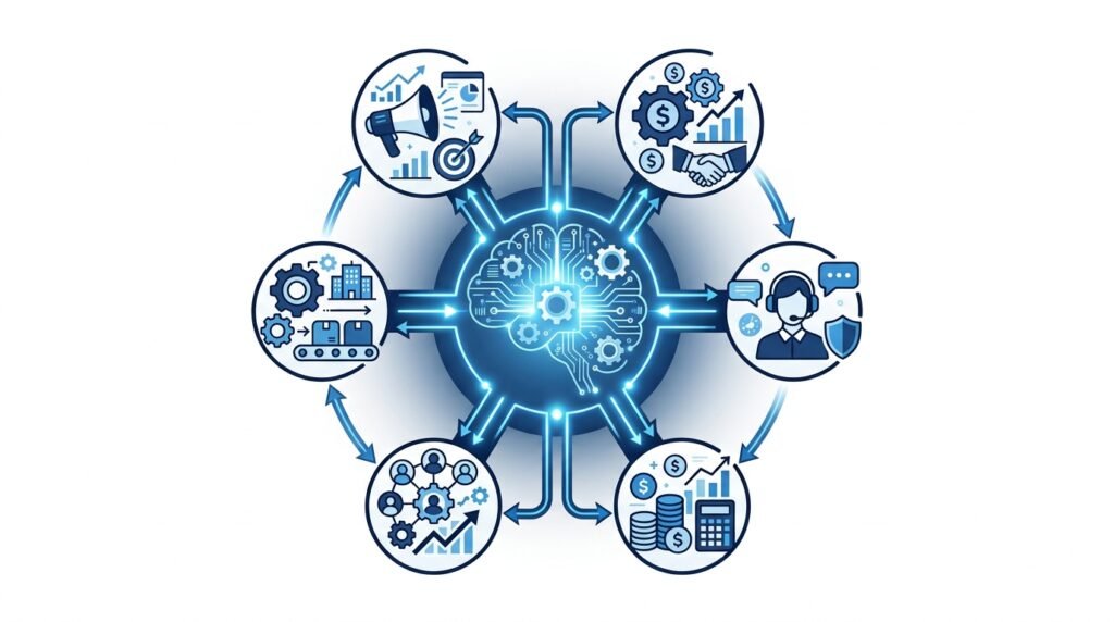 Business departments using AI automation including marketing, sales, finance, HR, operations, and customer support