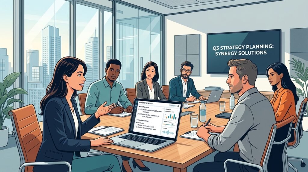 AI assistant creating meeting summaries during a business discussion.