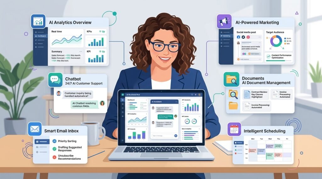 AI for Small businesses owner using AI tools for marketing, customer support, productivity, and business growth
