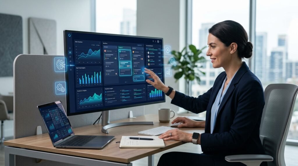 Business professional using AI business automation software to improve productivity and streamline workflows