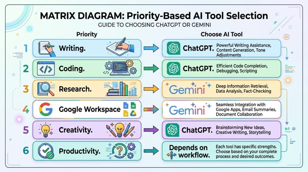 Minimal illustration comparing ChatGPT and Gemini AI assistants