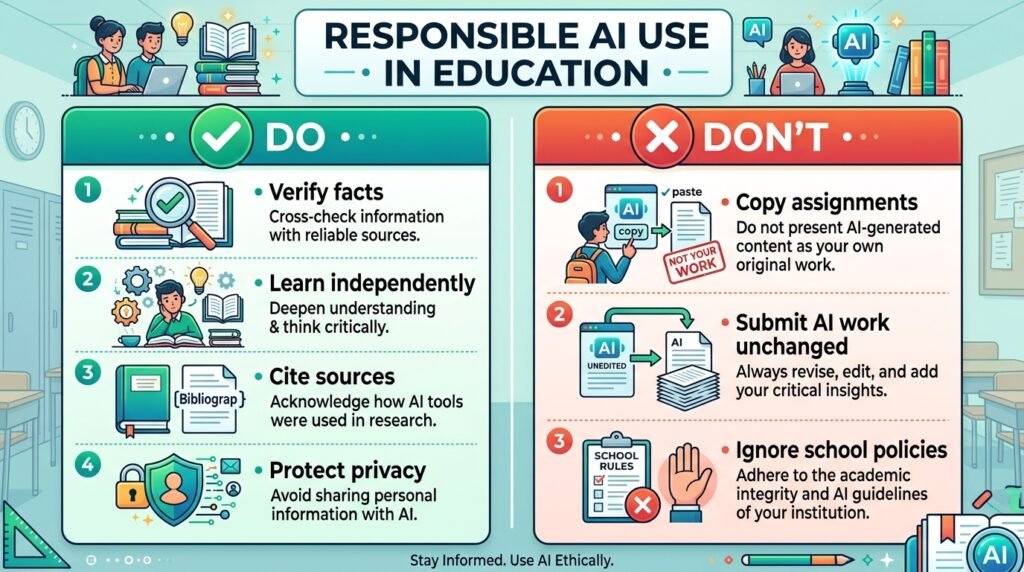 Best practices for responsible AI use by students in education.