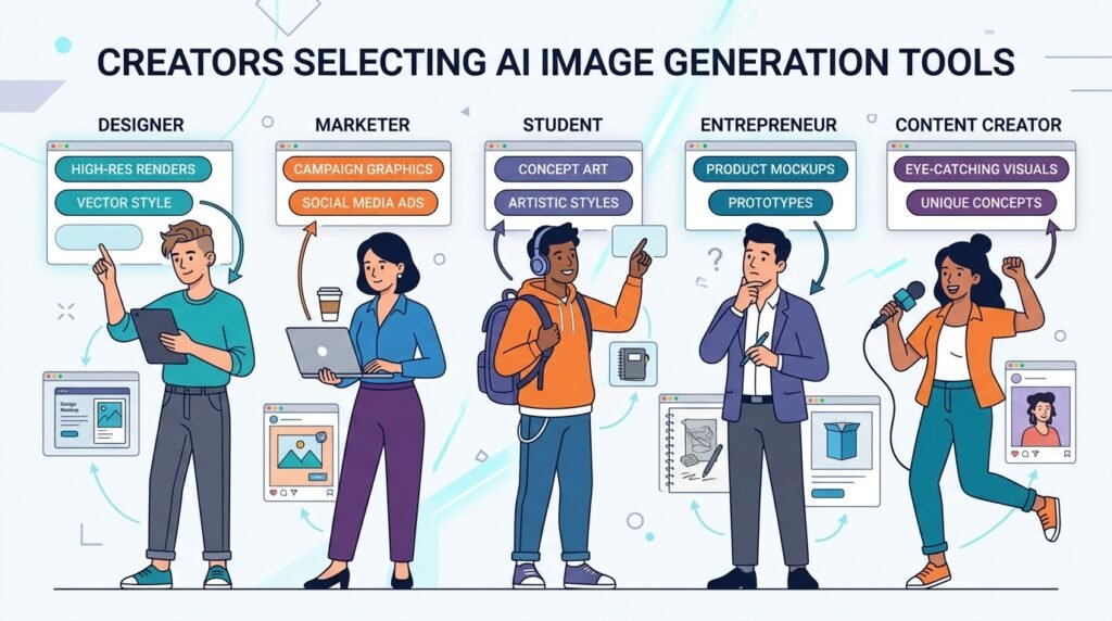 Different creators choosing the best AI image generator for their needs