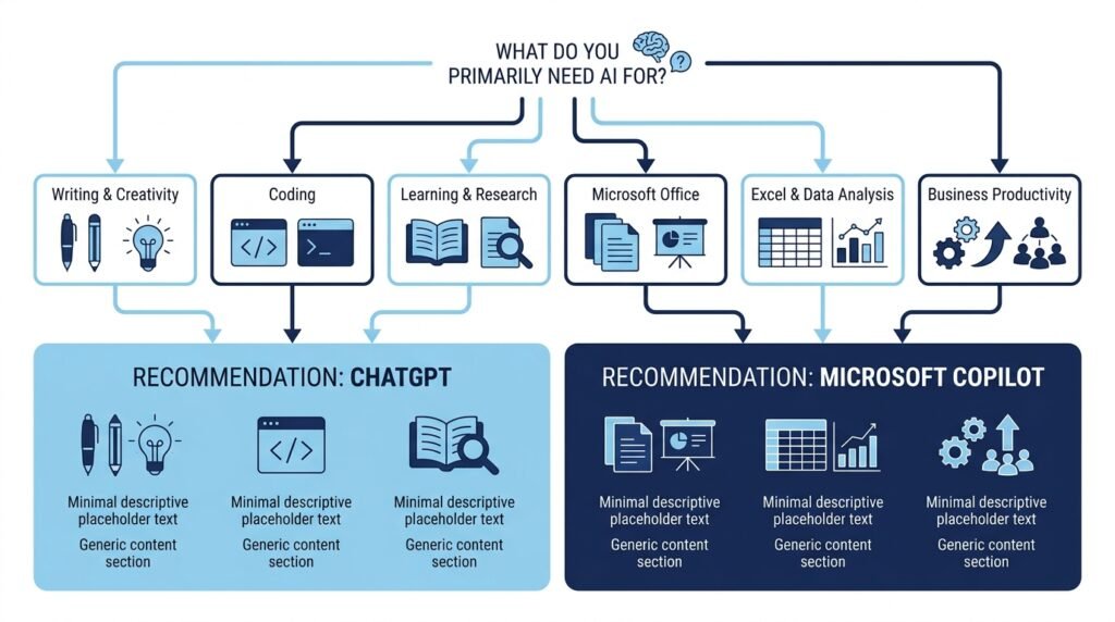 Decision tree showing whether to choose ChatGPT or Microsoft Copilot based on writing, coding, learning, or Microsoft 365 productivity needs