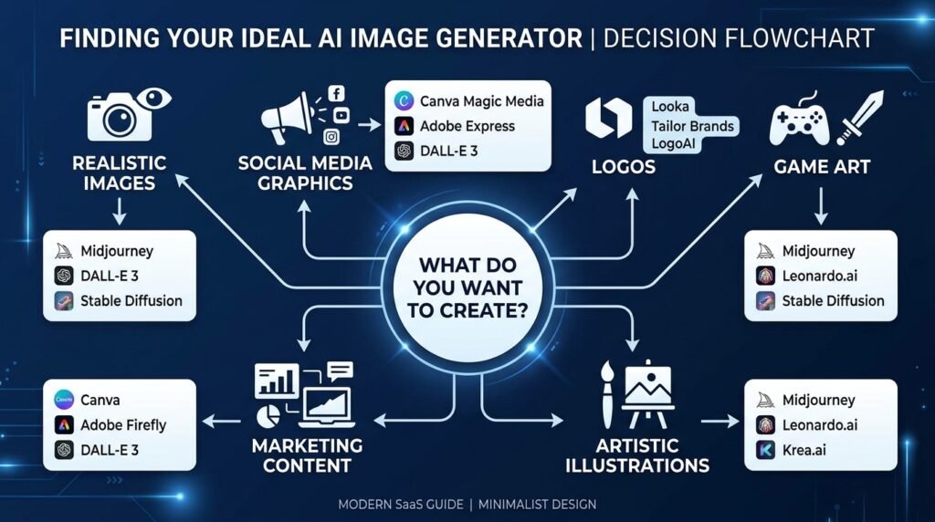 Decision tree for choosing the best AI image generator based on creative goals