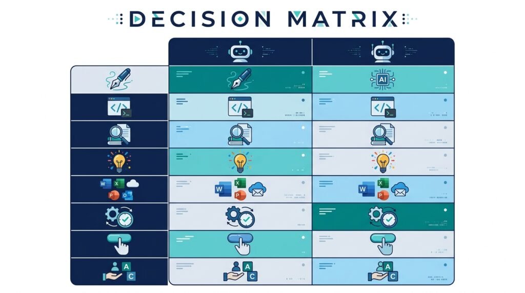 Decision matrix comparing ChatGPT vs Microsoft Copilot across writing, coding, research, creativity, Microsoft Office integration, and productivity
