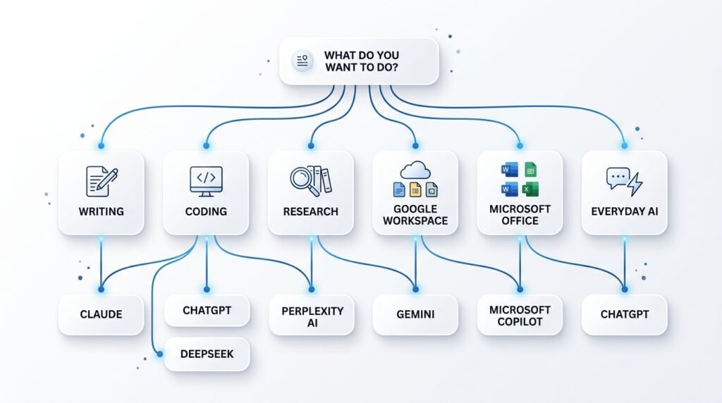 Decision flowchart to help beginners choose the right AI chatbot based on their needs.