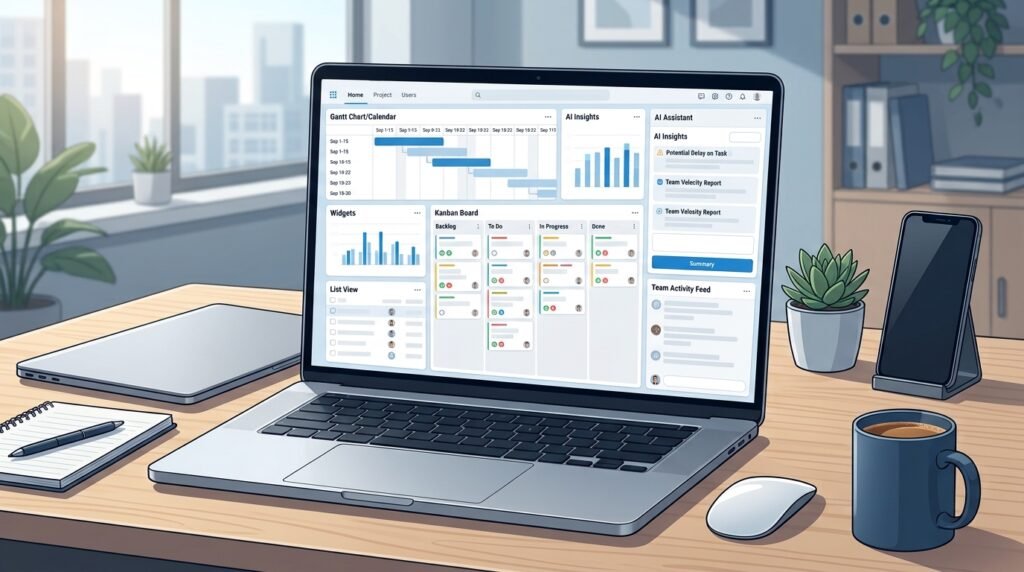 Illustration of AI-powered project management software used for planning and collaboration.