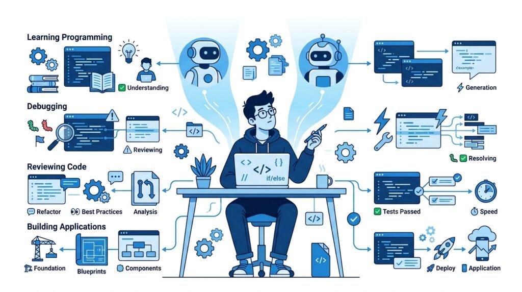 Illustration showing how developers can choose the right AI coding assistant for different programming tasks.