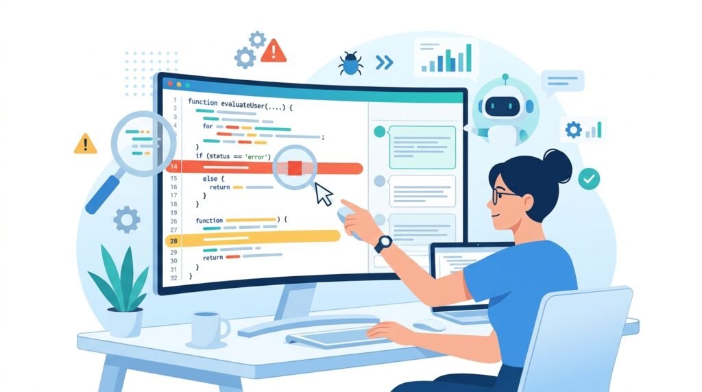 Illustration of AI-assisted debugging and code review during software development.