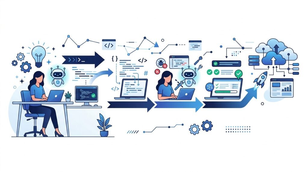 Illustration showing an AI-assisted software development workflow from coding to deployment.