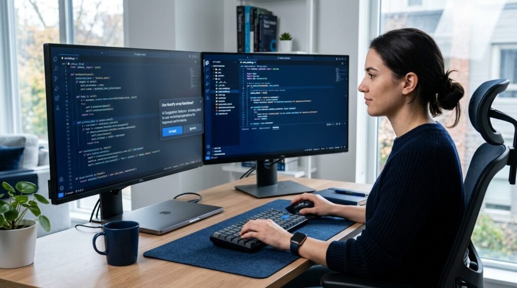 Illustration showing AI in software development with developers using AI coding tools and automation