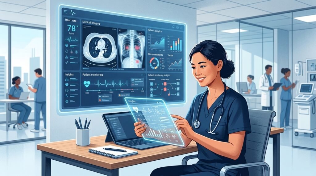 Doctor using AI-powered patient care technology to monitor patient health and support clinical decision-making.