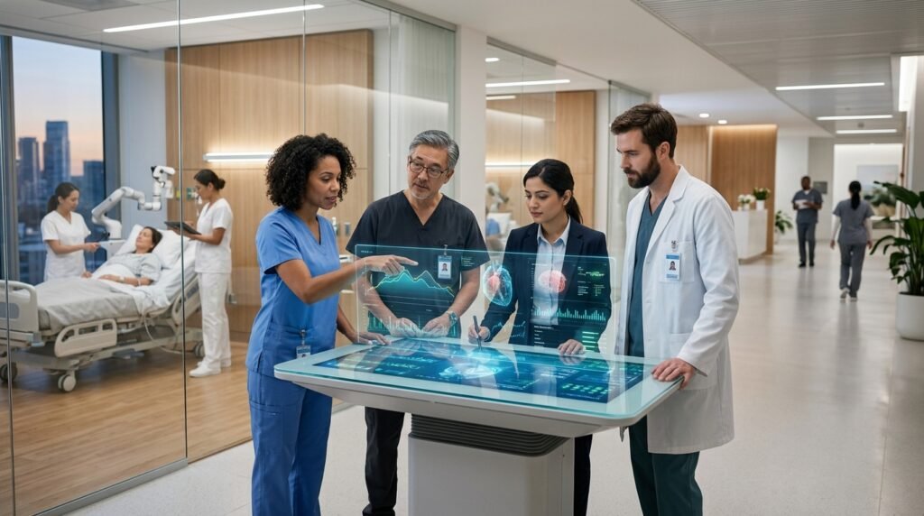 Future vision of AI supporting doctors and improving patient care in modern healthcare.
