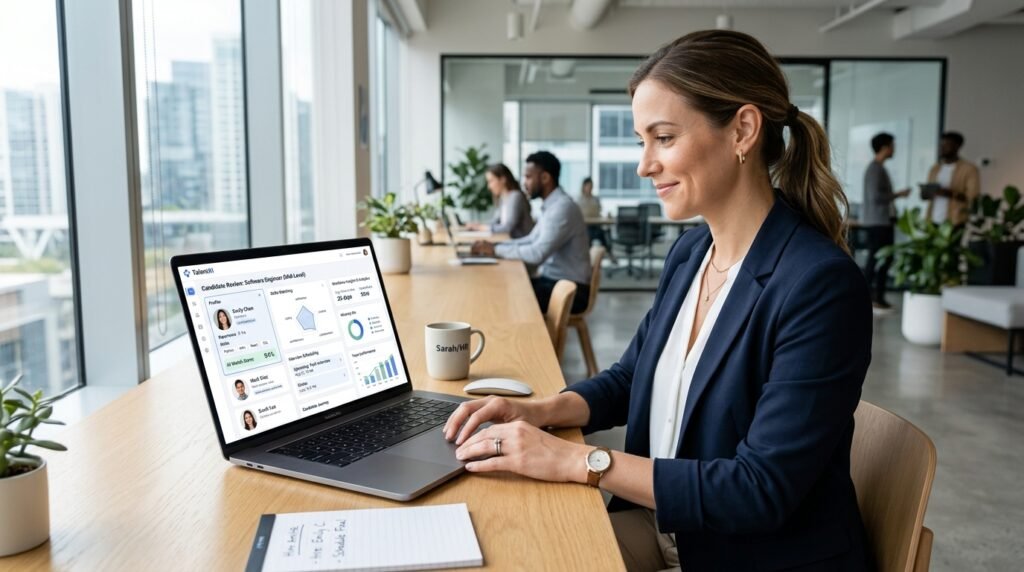 AI in Human Resources showing an HR professional using AI-powered recruitment and workforce analytics software.